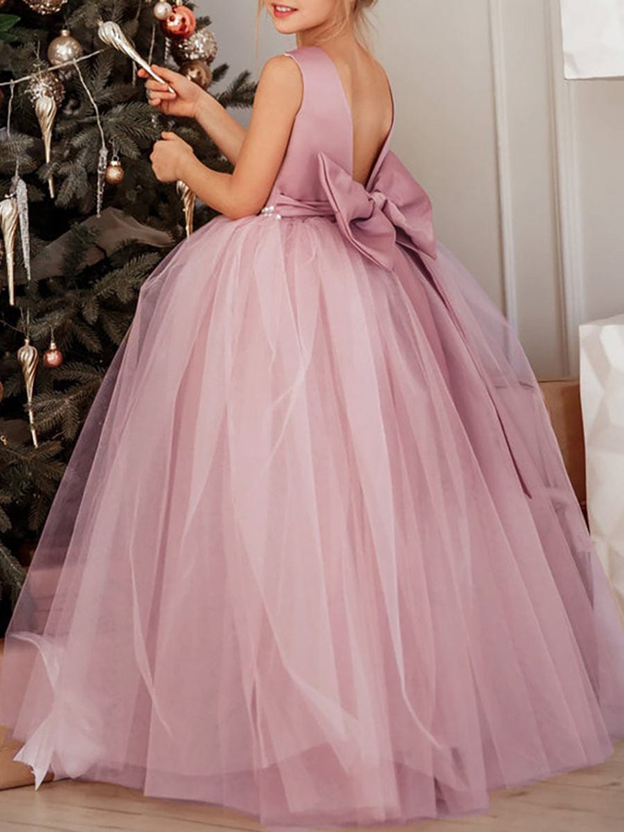 Pink Satin order Beaded Flower Girl Dress with Bow