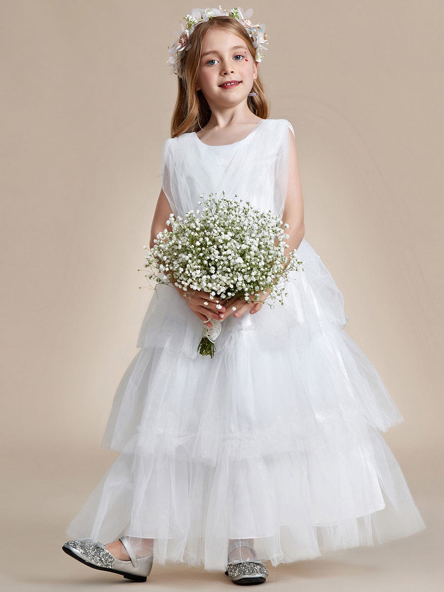 Princess Style Layered Cake Long Tulle Flower Girls Dress #color_White