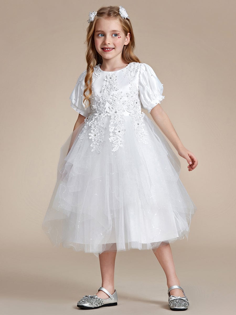 Satin Floral Applique Puff Sleeves Tulle Flower Girl Dress #color_White