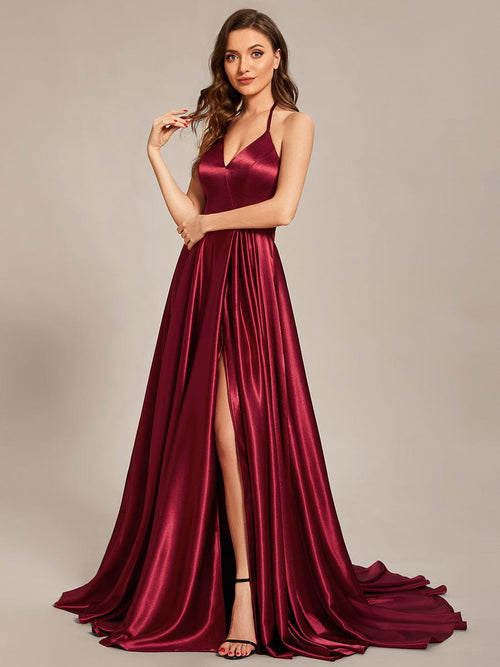 Custom Size Halter Neck Long High Slit Satin Prom Dress - Ever-Pretty US