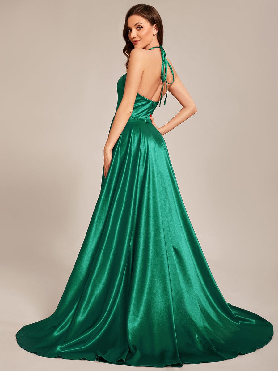 Custom Size Halter Neck High Front Slit Floor Length Prom Dress #color_Dark Green