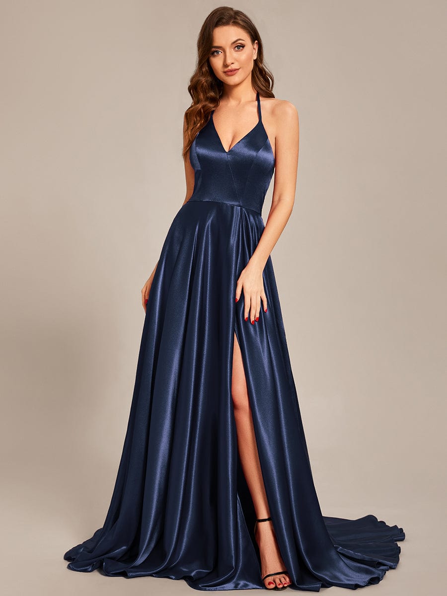 Custom Size Halter Neck High Front Slit Floor Length Prom Dress #color_Navy Blue