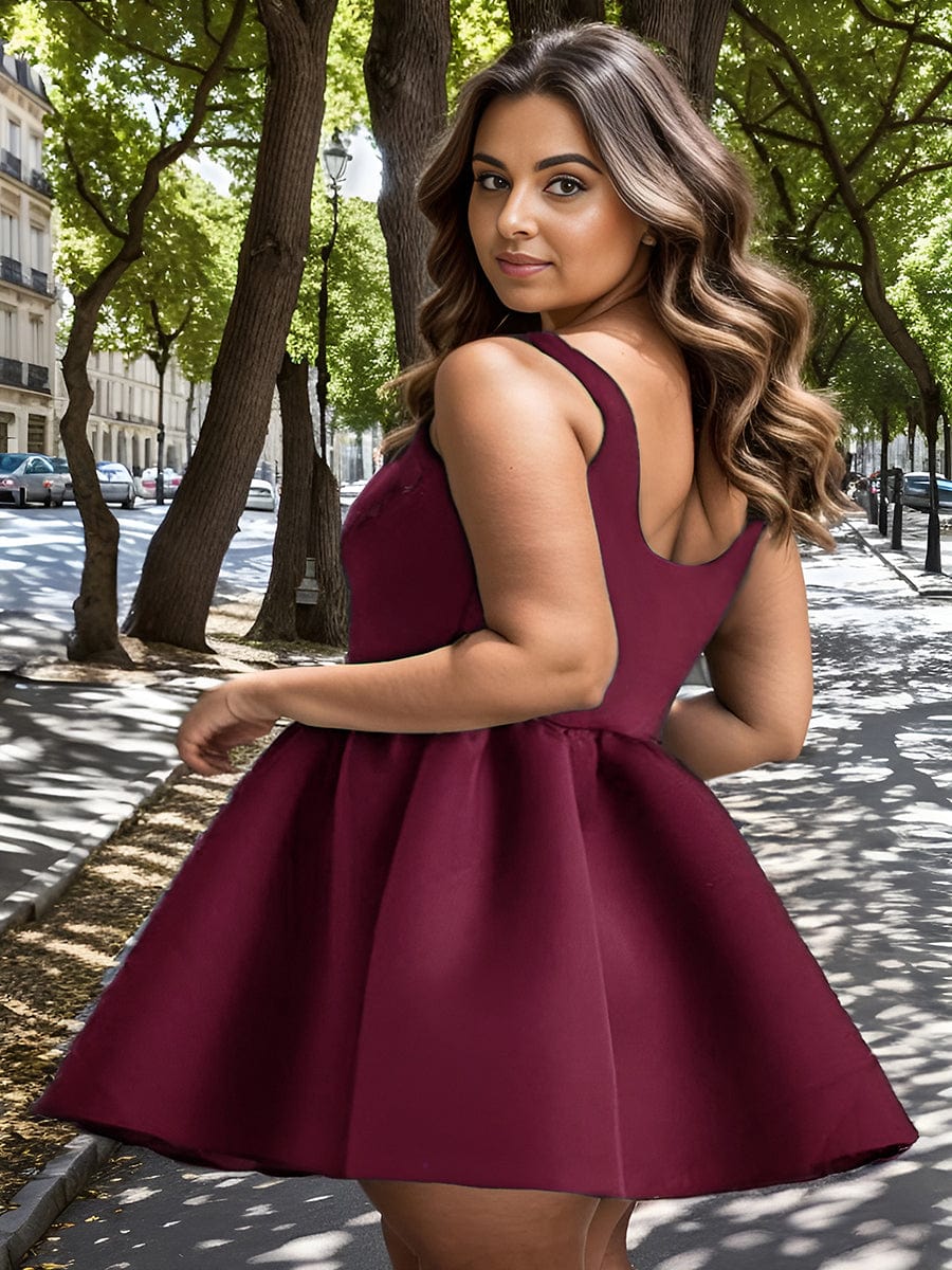 Chic Square Neck Open Back A-line Satin Homecoming Dress #color_Burgundy