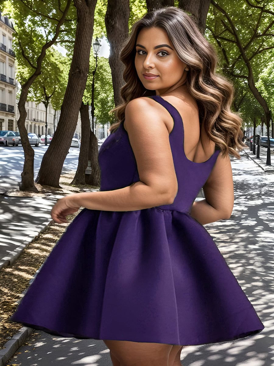 Chic Square Neck Open Back A-line Satin Homecoming Dress #color_Dark Purple