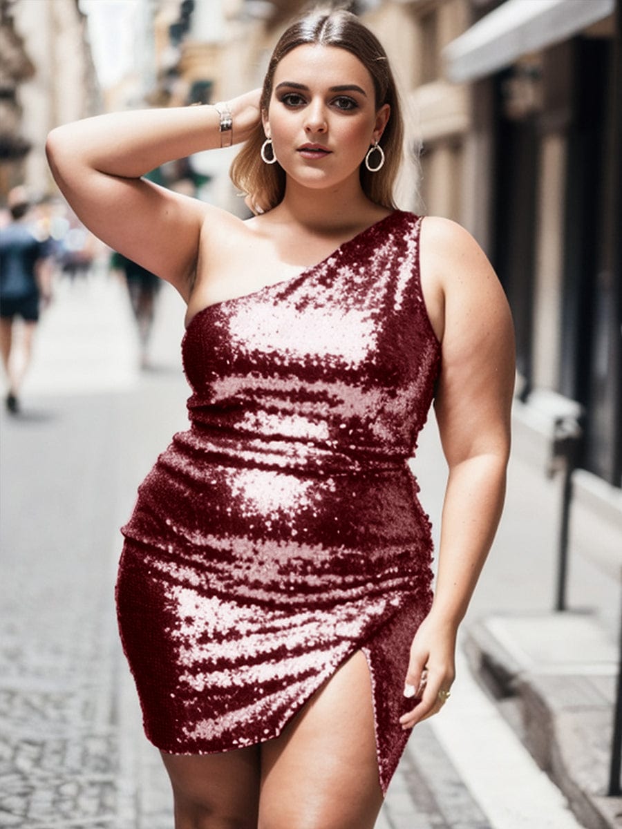 Shiny One Shoulder Sequin Bodycon Sleeveless Homecoming Dress #color_Burgundy