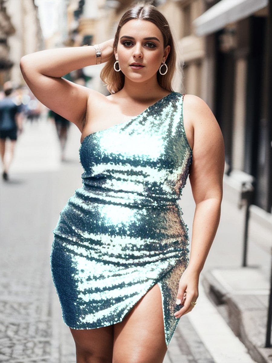 Shiny One Shoulder Sequin Bodycon Sleeveless Homecoming Dress #color_Light Teal