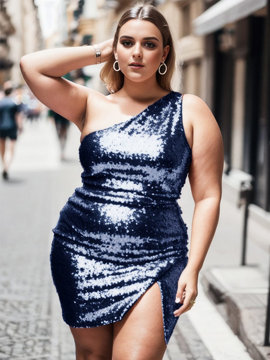 Plus Size Sequin Bodycon One Shoulder Homecoming Dress with Slit Ever Pretty US