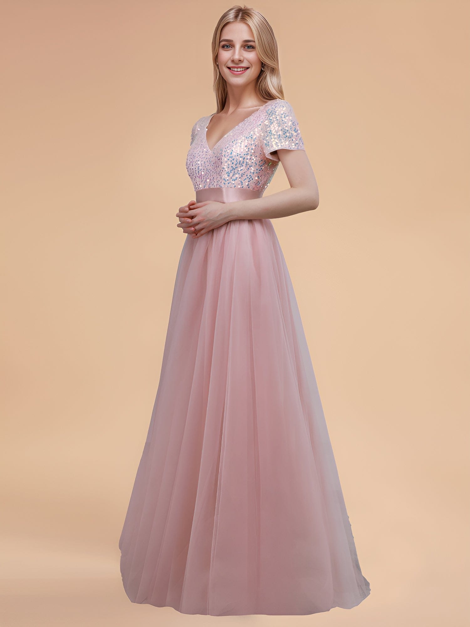 Custom Size Sequin V-neck A-line Ribbon Waist Tulle Prom Dress  #color_Pink