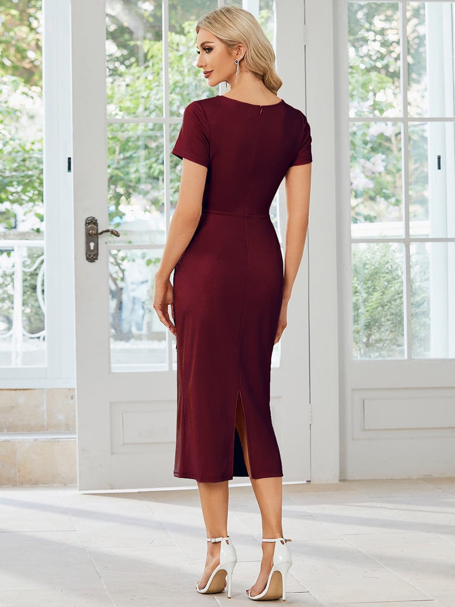 Short Sleeves V-Neck Tie-Waist Sheath Wedding Guest Dress #color_Burgundy