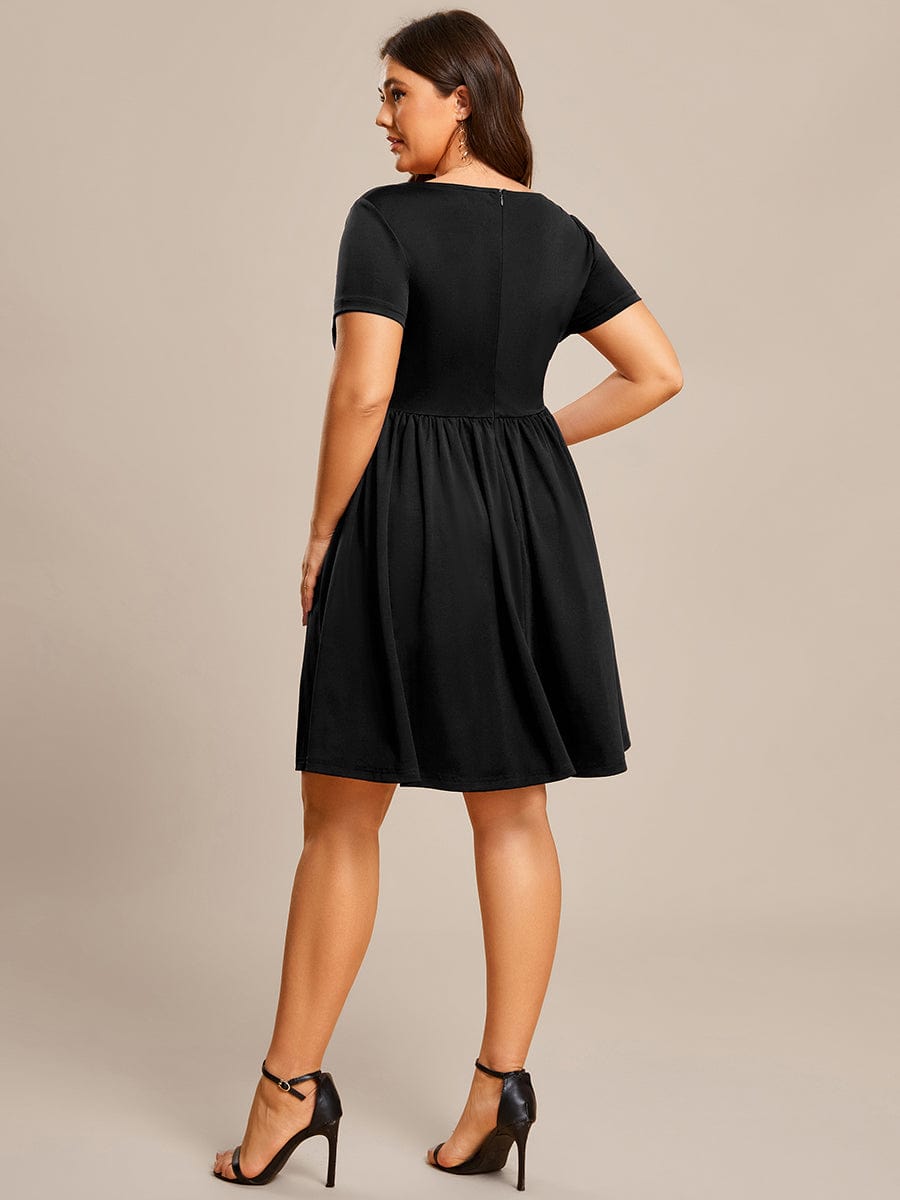 V-Neck Short Sleeves A-Line Mini Summer 2023 Casual Dresses #color_Black