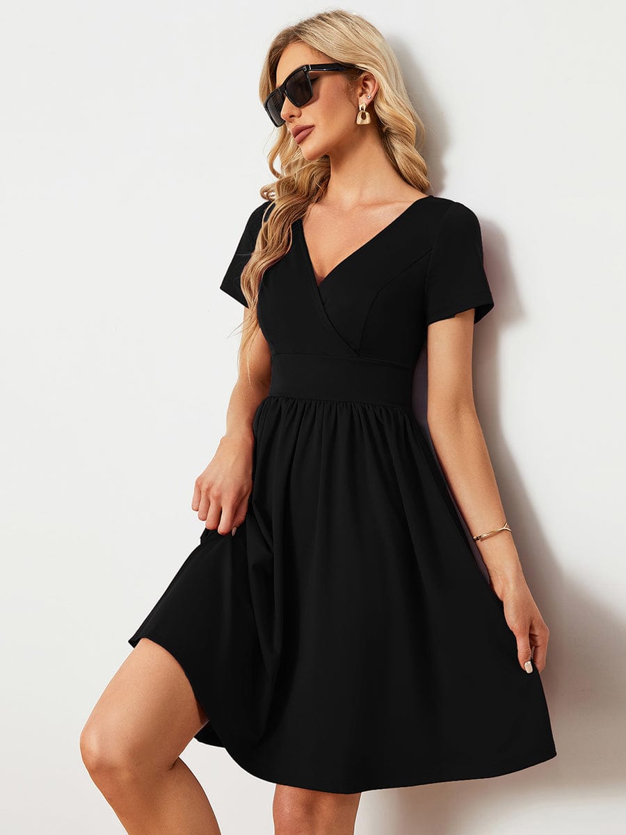 V-Neck Short Sleeves A-Line Mini Summer 2023 Casual Dresses #color_Black