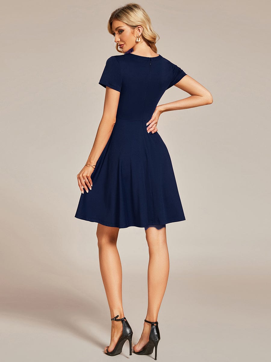 Rrhinestone Neckline Short Sleeves A-Line Mini Summer 2023 Casual Dresses #color_Navy Blue