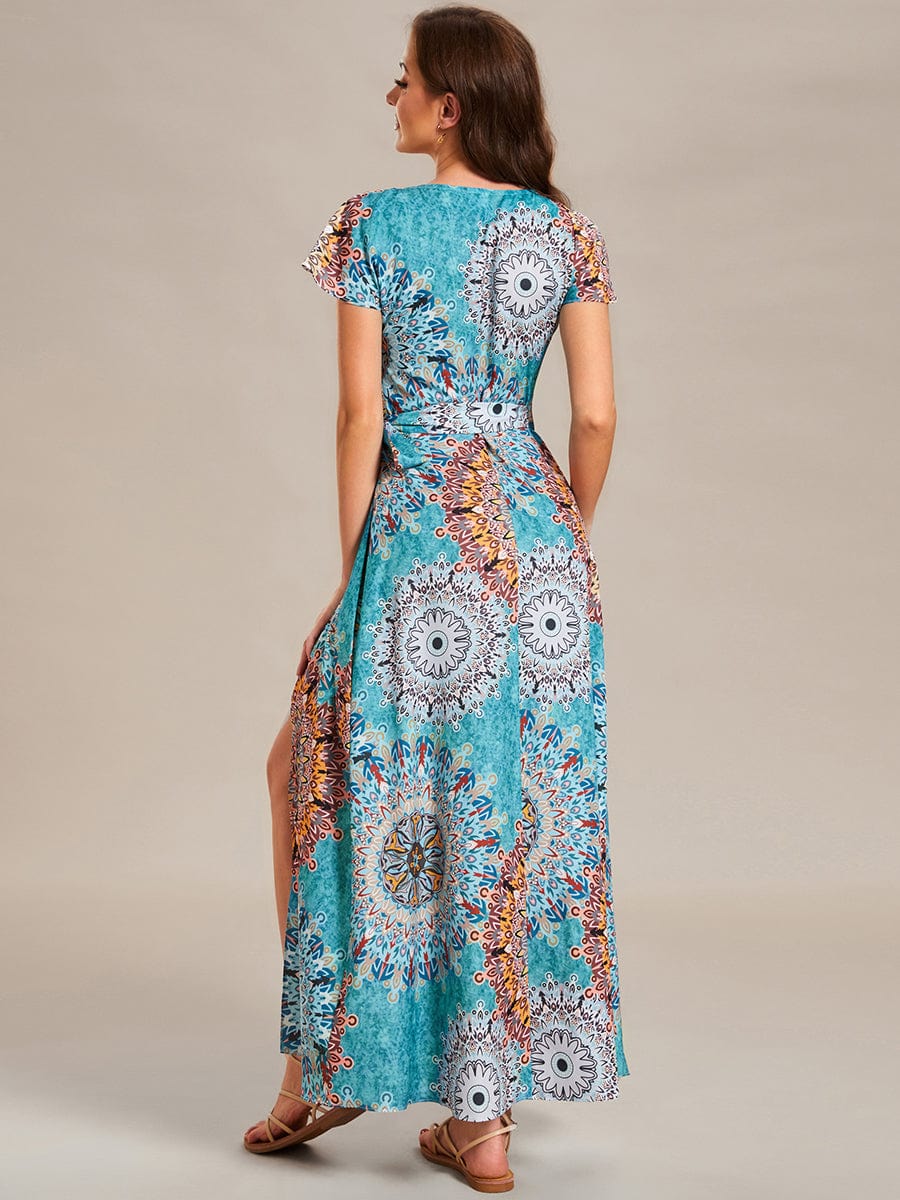 One-Piece Printed Short Sleeve Tie-Waist Wedding Guest Dress #color_Bohemian Light Blue