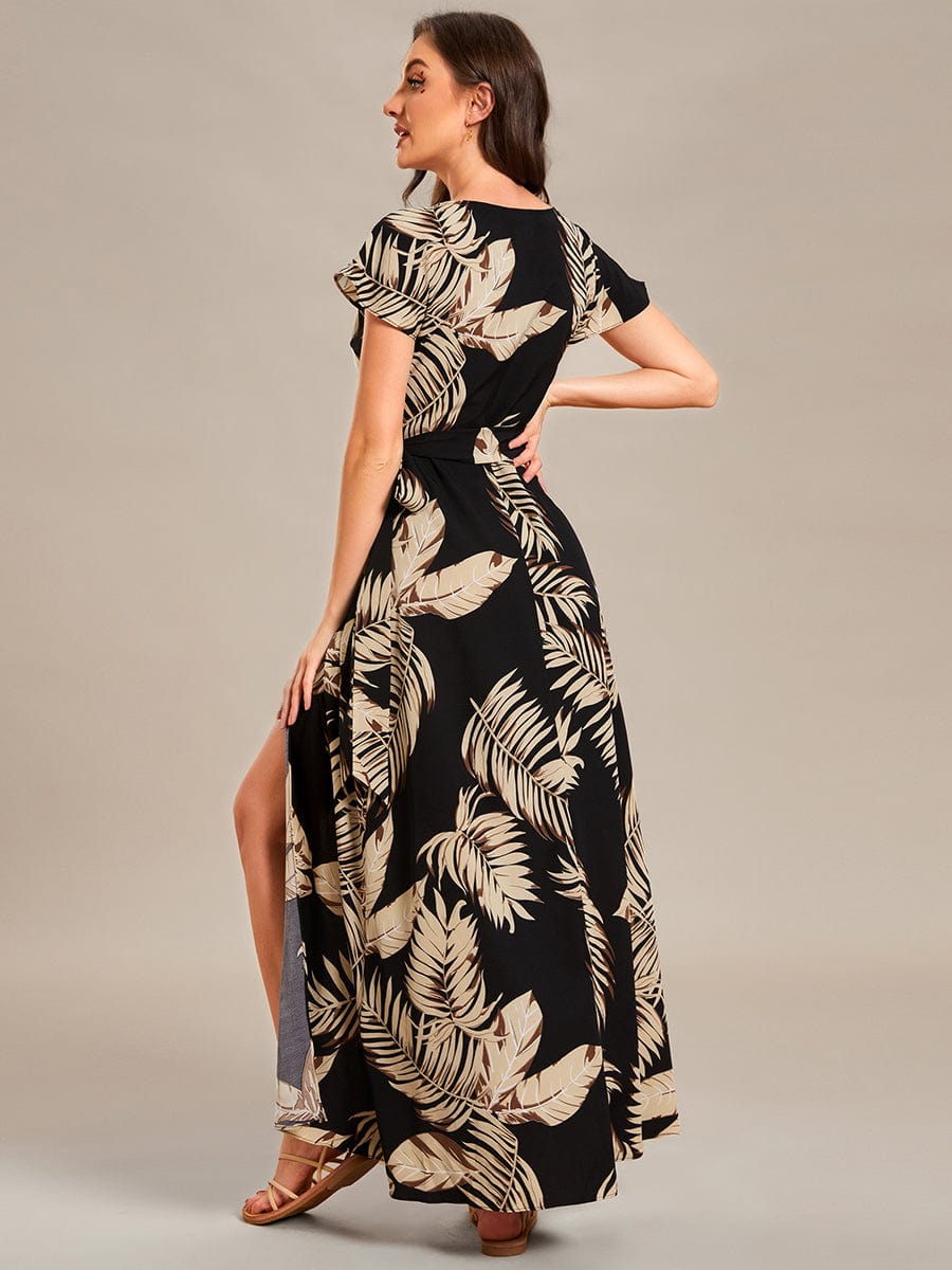 One-Piece Printed Short Sleeve Tie-Waist Wedding Guest Dress #color_Black and Printed