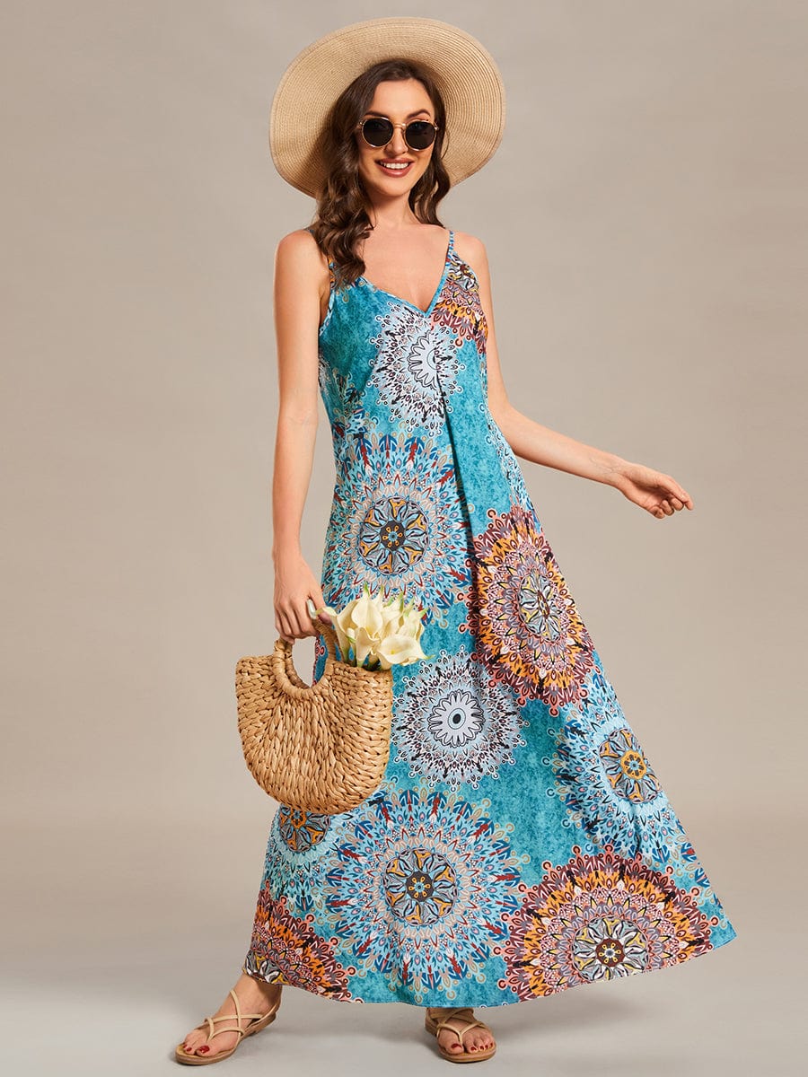 Loose Spaghetti Strap A-Line Summer Beach Vacation Maxi Dress #color_Bohemian Light Blue