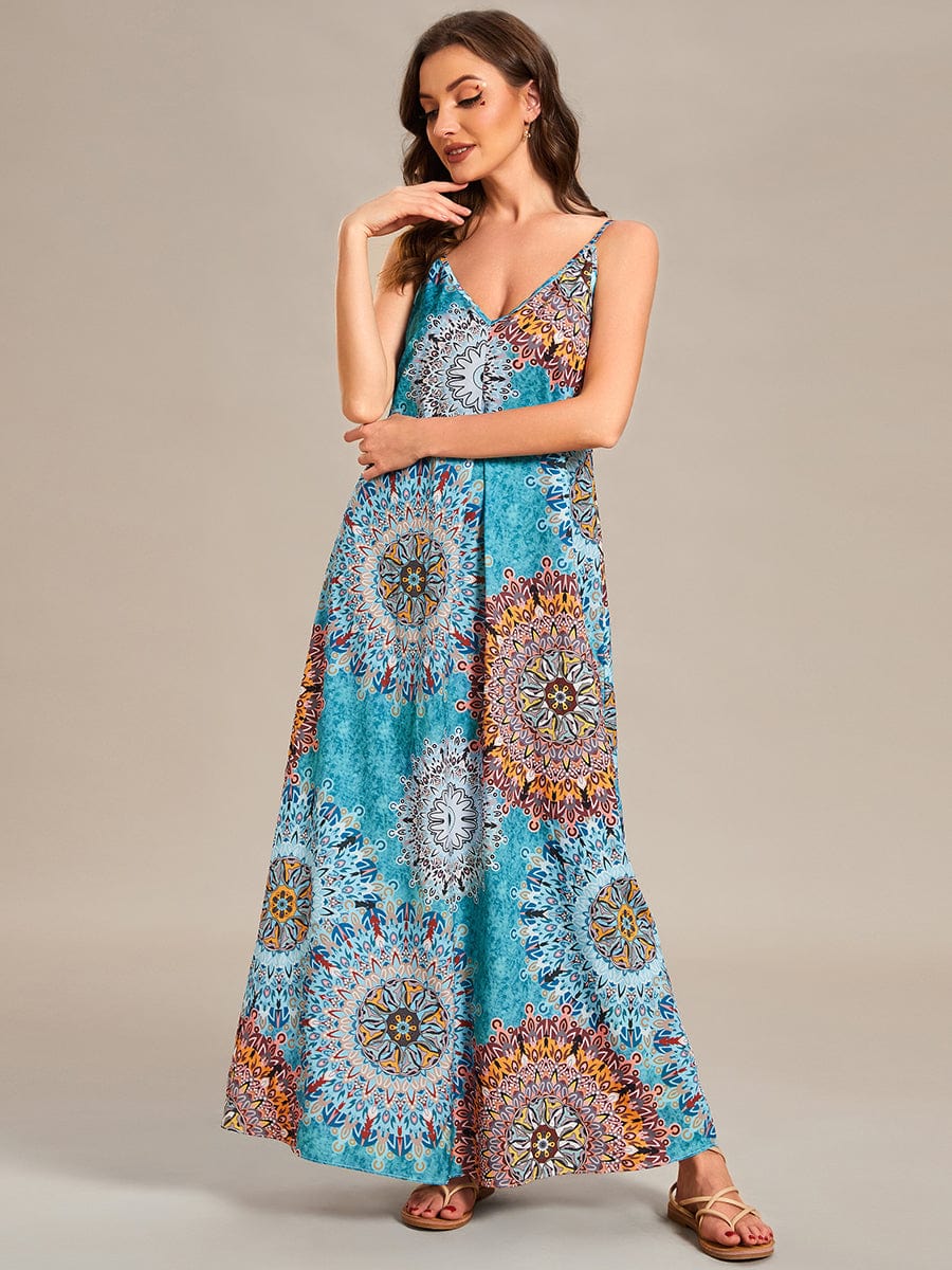 Loose Spaghetti Strap A-Line Summer Beach Vacation Maxi Dress #color_Bohemian Light Blue