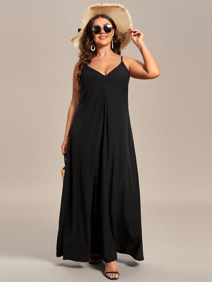 Loose Spaghetti Strap A-Line Summer Beach Vacation Maxi Dress #color_Black