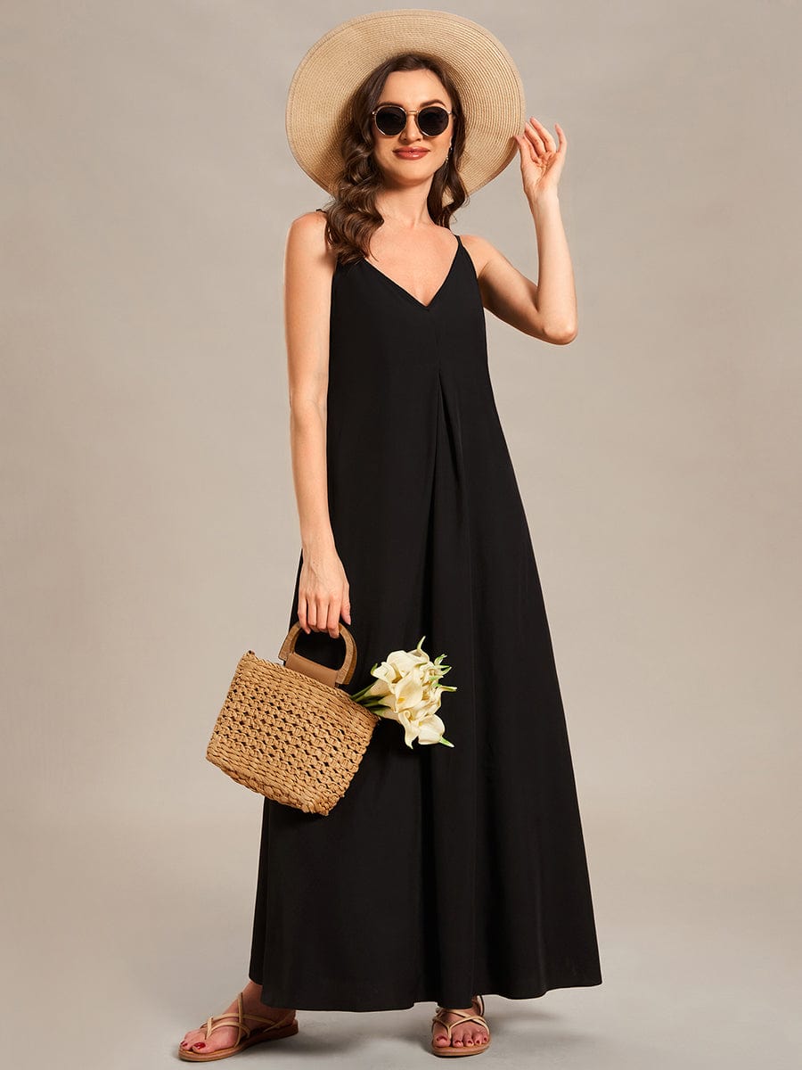 Loose Spaghetti Strap A-Line Summer Beach Vacation Maxi Dress #color_Black