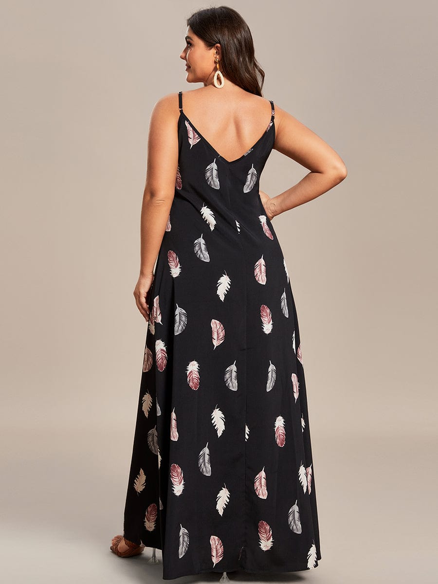 Loose Spaghetti Strap A-Line Summer Beach Vacation Maxi Dress #color_Black and Printed