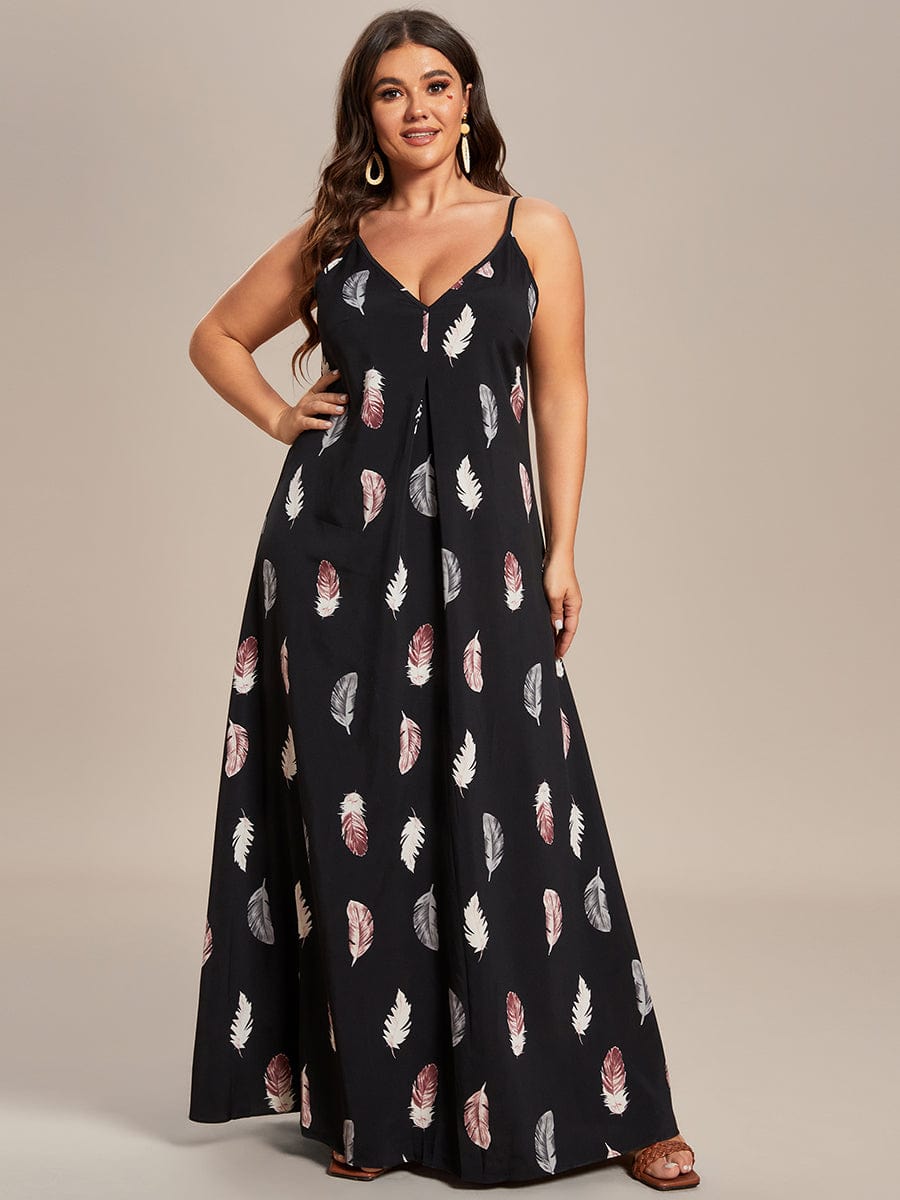 Loose Spaghetti Strap A-Line Summer Beach Vacation Maxi Dress #color_Black and Printed