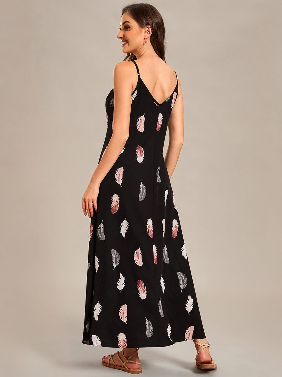 Loose Spaghetti Strap A-Line Summer Beach Vacation Maxi Dress #color_Black and Printed