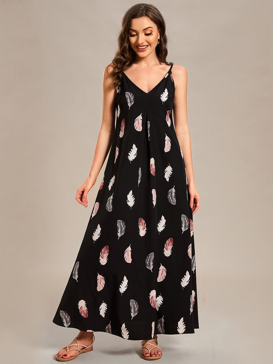 Loose Spaghetti Strap A-Line Summer Beach Vacation Maxi Dress #color_Black and Printed