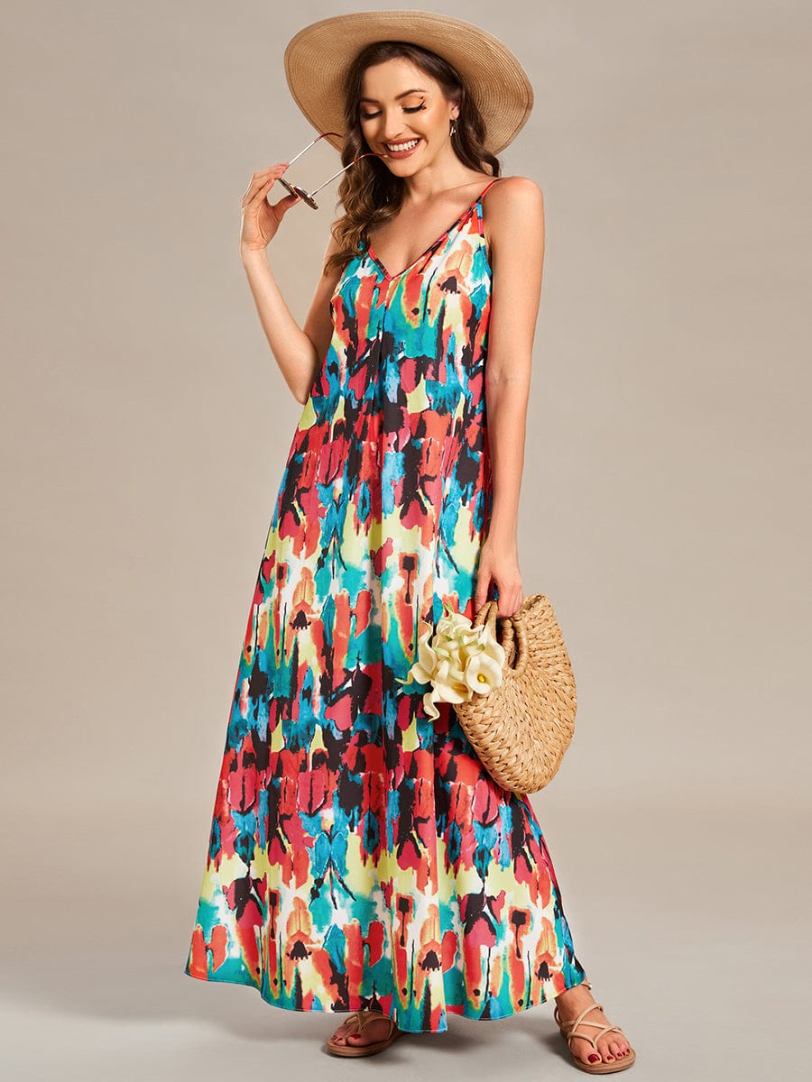 Loose Spaghetti Strap A-Line Summer Beach Vacation Maxi Dress #color_Multicolor