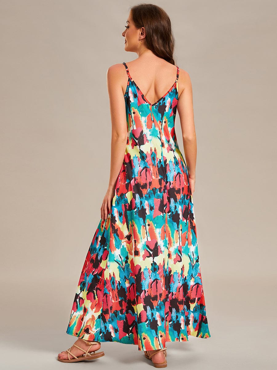 Loose Spaghetti Strap A-Line Summer Beach Vacation Maxi Dress #color_Multicolor