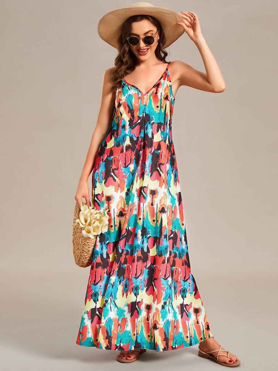 Loose Spaghetti Strap A-Line Summer Beach Vacation Maxi Dress #color_Multicolor