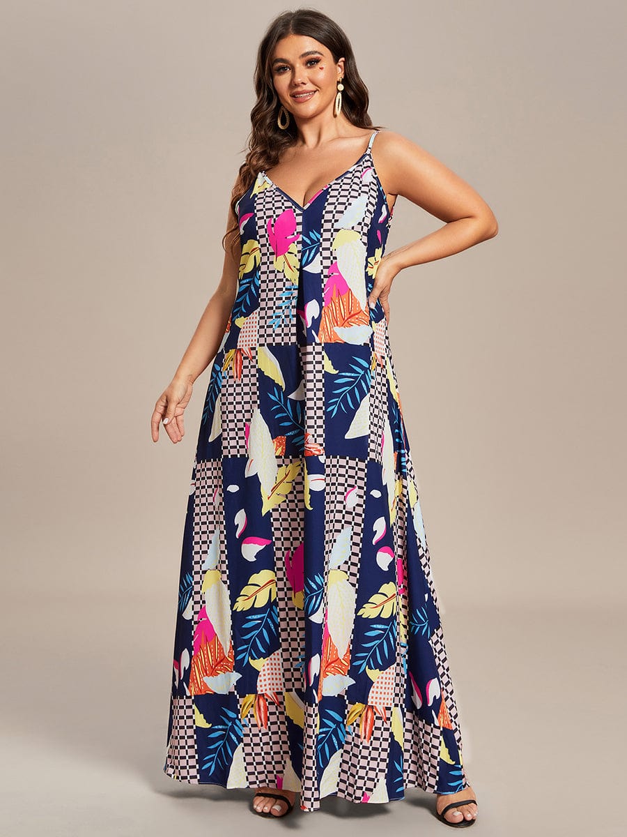 Loose Spaghetti Strap A-Line Summer Beach Vacation Maxi Dress #color_Printed Geometry