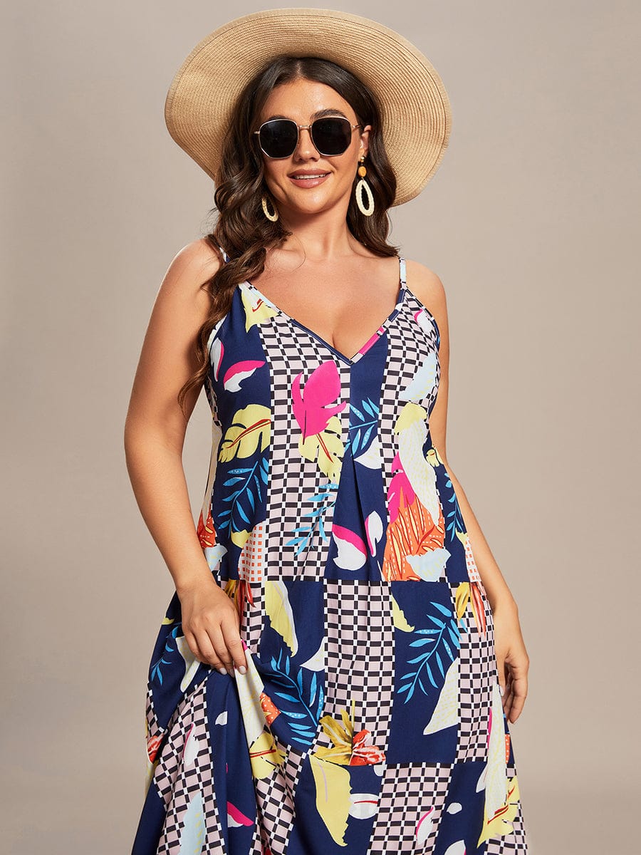 Loose Spaghetti Strap A-Line Summer Beach Vacation Maxi Dress #color_Printed Geometry