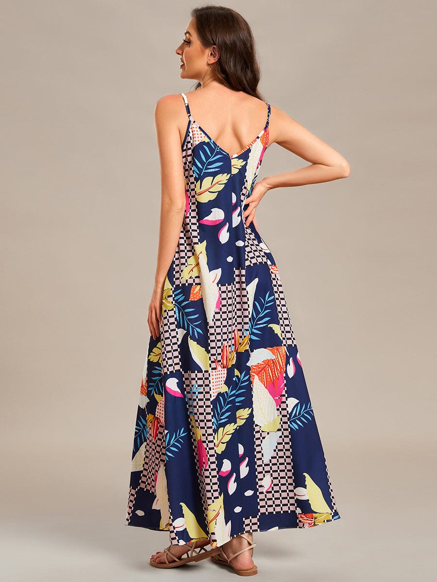 Loose Spaghetti Strap A-Line Summer Beach Vacation Maxi Dress #color_Printed Geometry