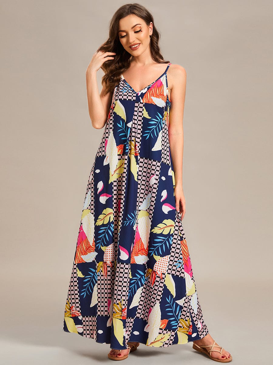 Loose Spaghetti Strap A-Line Summer Beach Vacation Maxi Dress #color_Printed Geometry