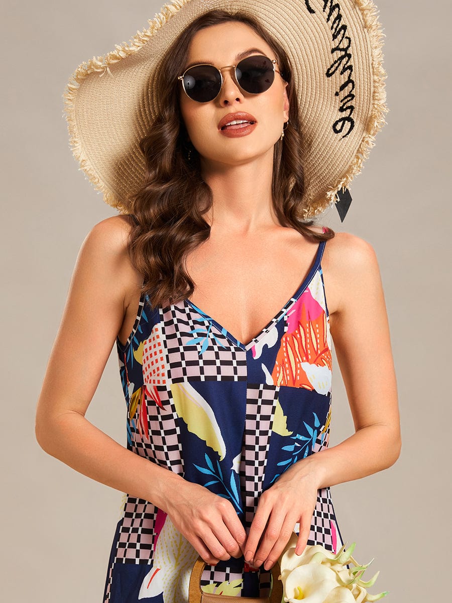 Loose Spaghetti Strap A-Line Summer Beach Vacation Maxi Dress #color_Printed Geometry