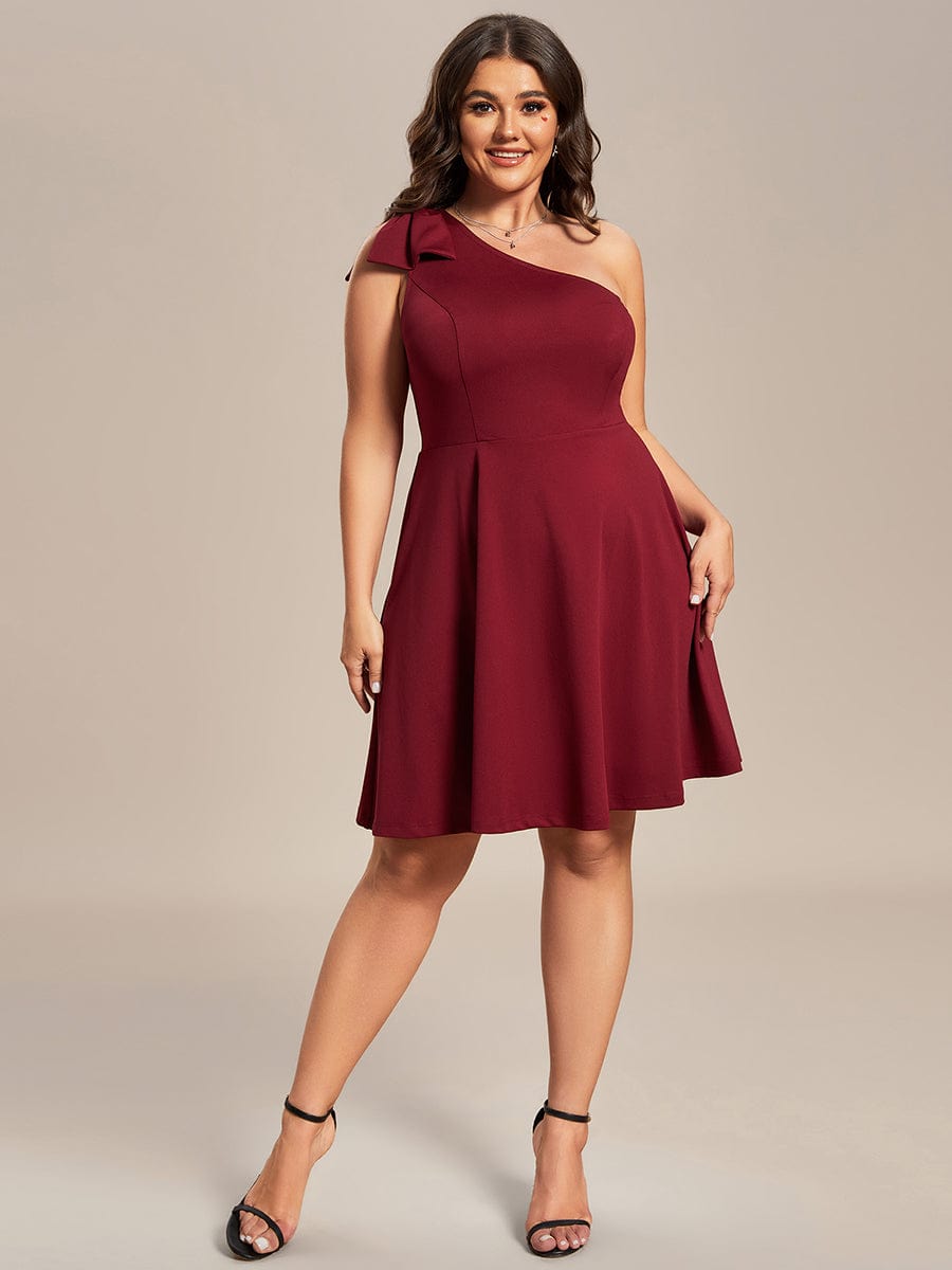 One Shoulder with Bowknot Sleeveless A-Line Summer Mini Dress #color_Burgundy