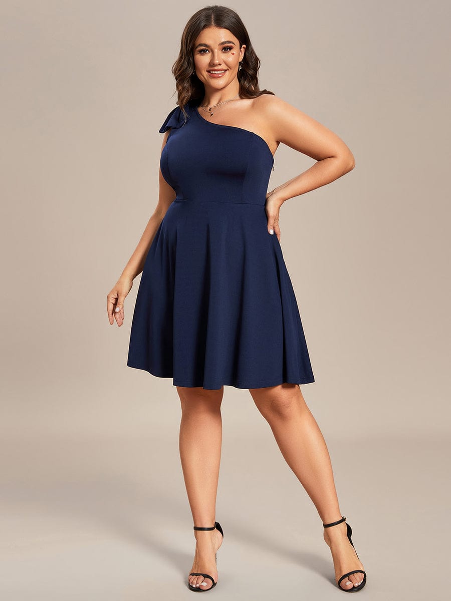One Shoulder with Bowknot Sleeveless A-Line Summer Mini Dress #color_Navy Blue