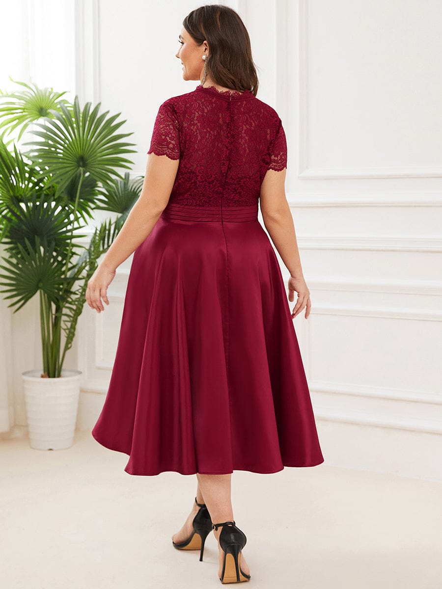 Romantic V-neck Lace Bodice A-line Cocktail Dress #color_Burgundy