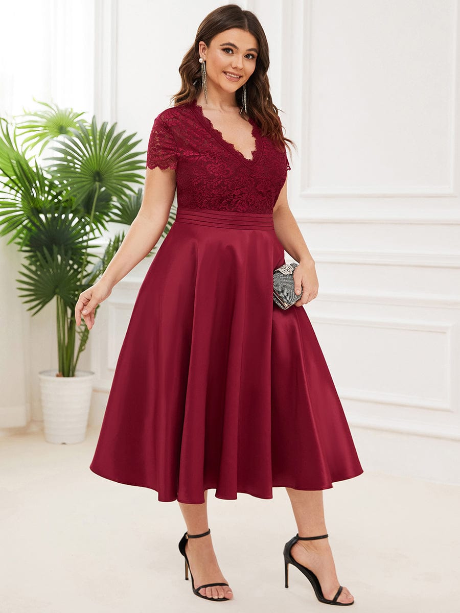 Custom Size V-neck Lace Bodice A-line Cocktail Dress with Sleeves #color_Burgundy