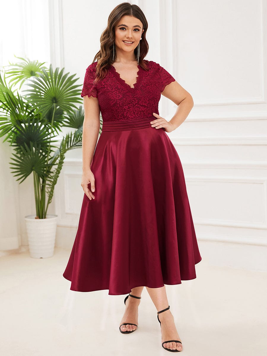 Romantic V-neck Lace Bodice A-line Cocktail Dress #color_Burgundy