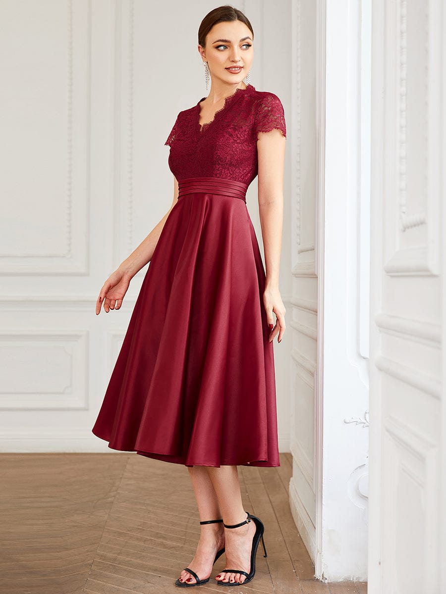 Romantic V-neck Lace Bodice A-line Cocktail Dress #color_Burgundy