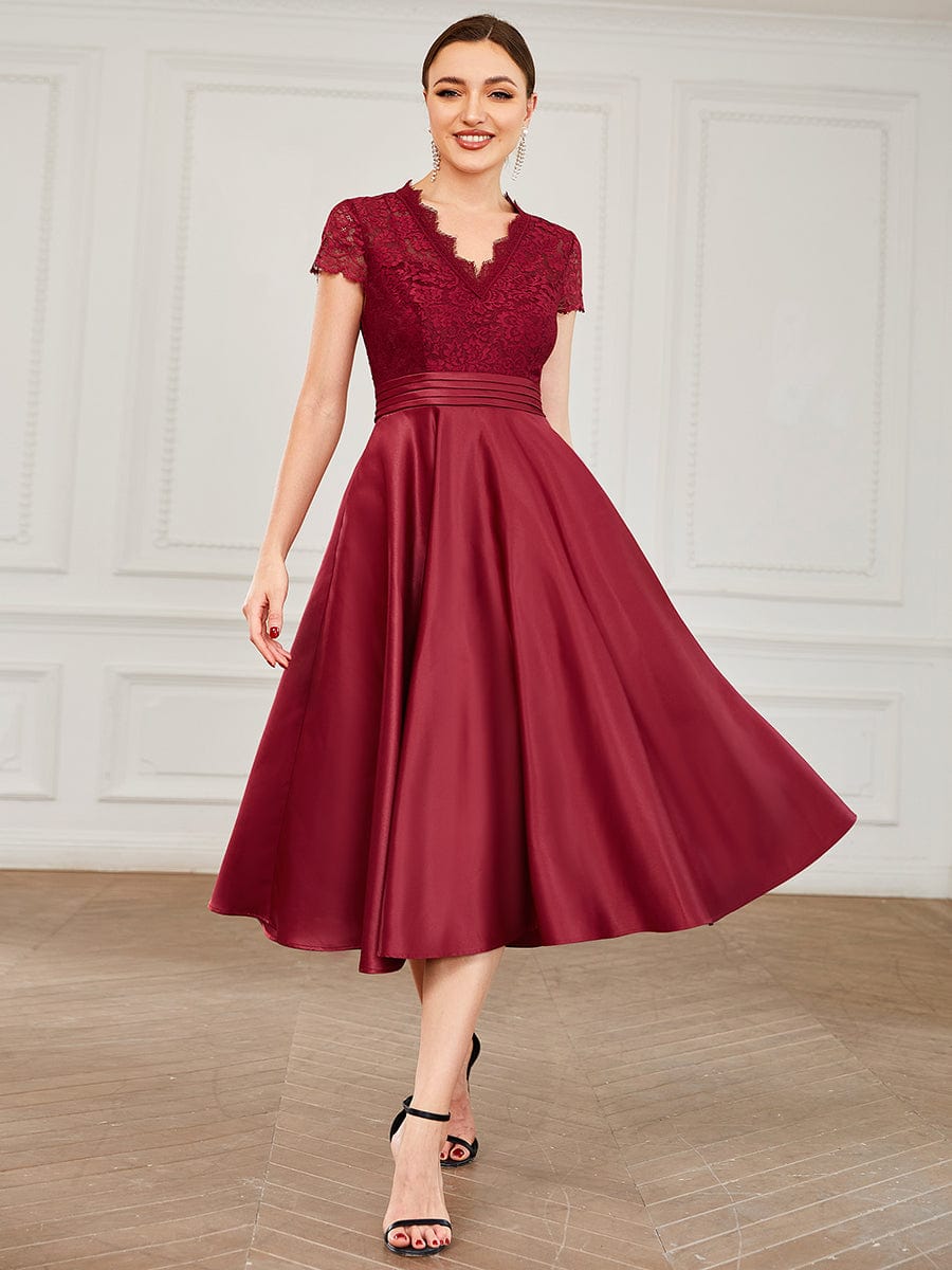 Romantic V-neck Lace Bodice A-line Cocktail Dress #color_Burgundy