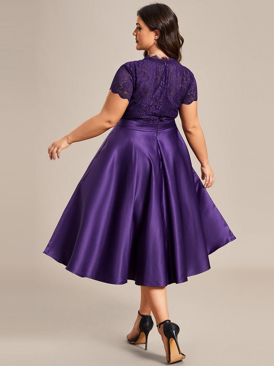 Romantic V-neck Lace Bodice A-line Cocktail Dress #color_Dark Purple