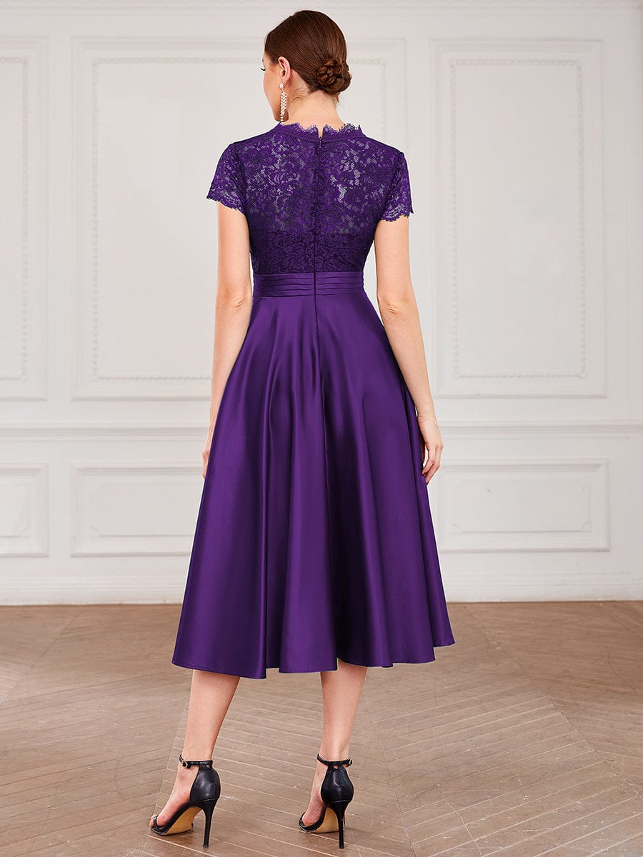 Romantic V-neck Lace Bodice A-line Cocktail Dress #color_Dark Purple