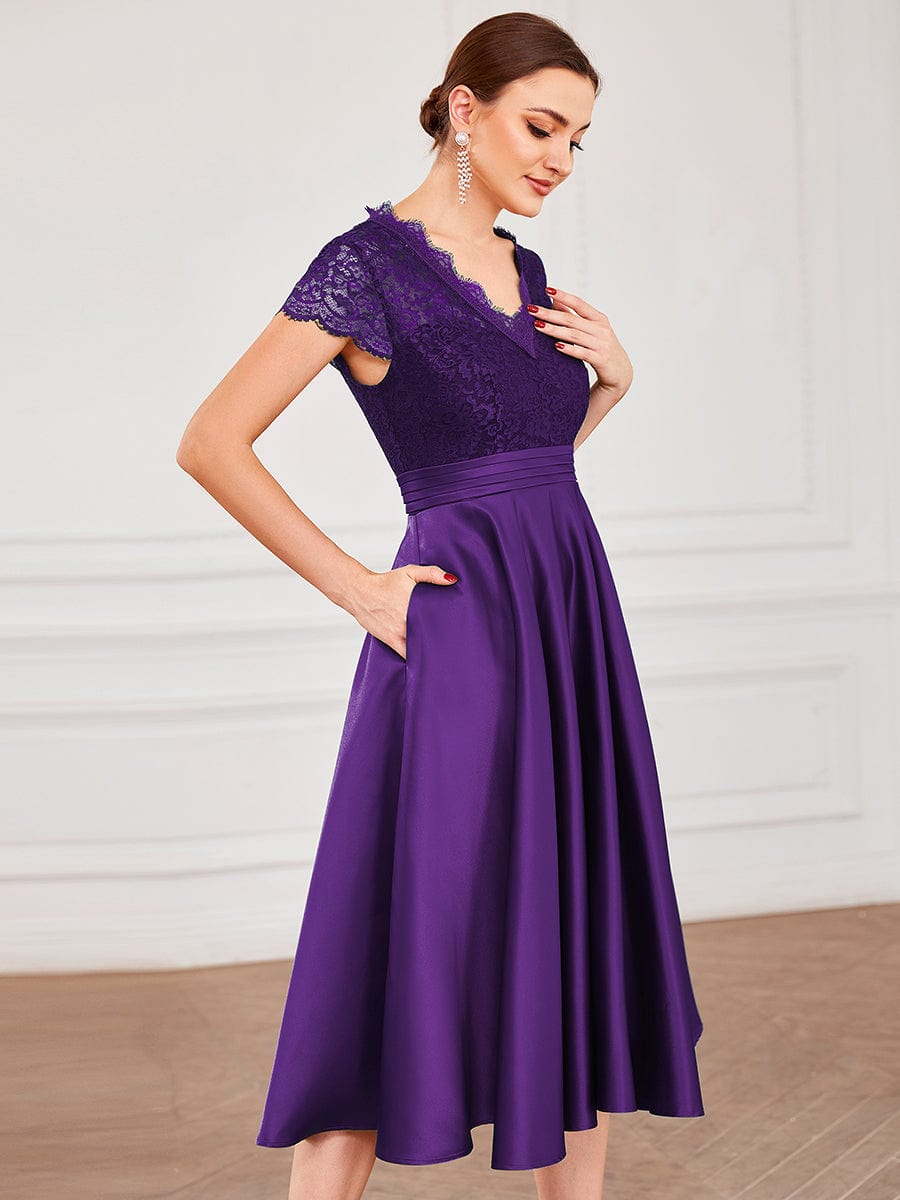 Romantic V-neck Lace Bodice A-line Cocktail Dress #color_Dark Purple