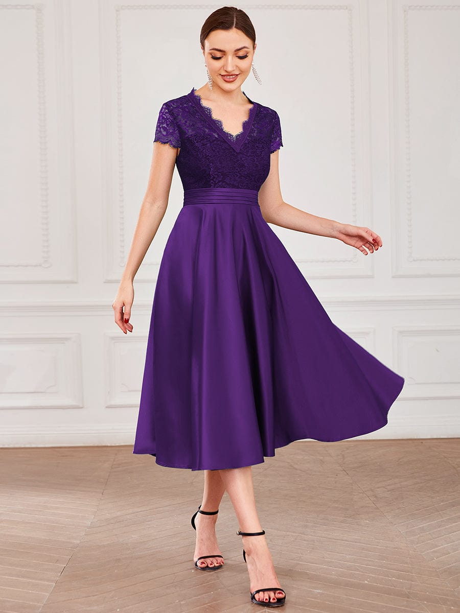 Romantic V-neck Lace Bodice A-line Cocktail Dress #color_Dark Purple