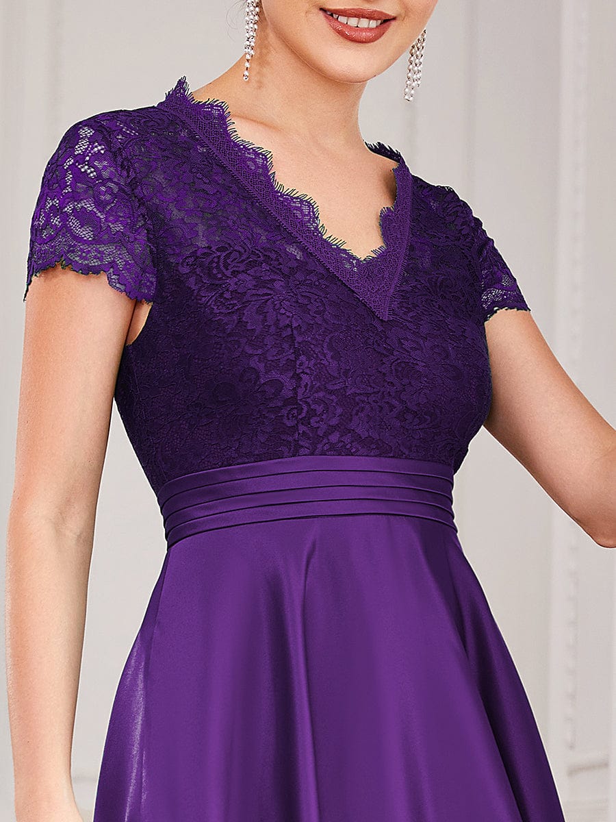 Romantic V-neck Lace Bodice A-line Cocktail Dress #color_Dark Purple