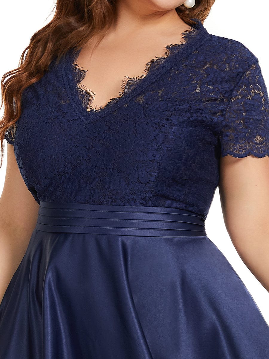 Custom Size V-neck Lace Bodice A-line Cocktail Dress with Sleeves #color_Navy Blue