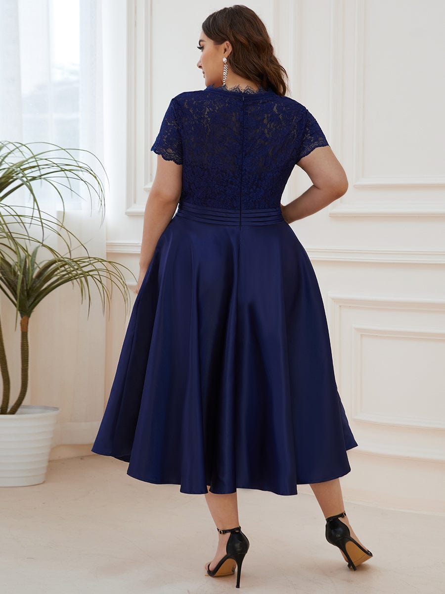 Custom Size V-neck Lace Bodice A-line Cocktail Dress with Sleeves #color_Navy Blue