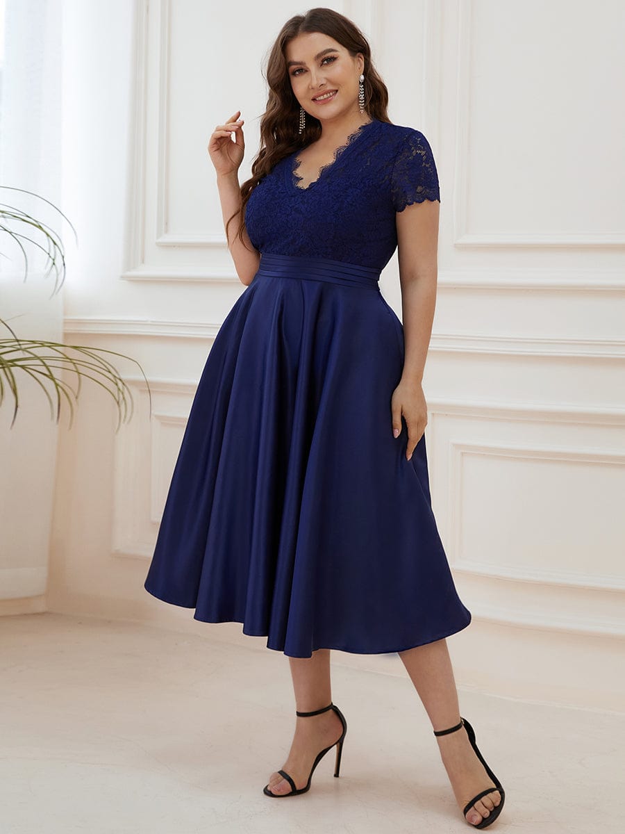 Romantic V-neck Lace Bodice A-line Cocktail Dress #color_Navy Blue