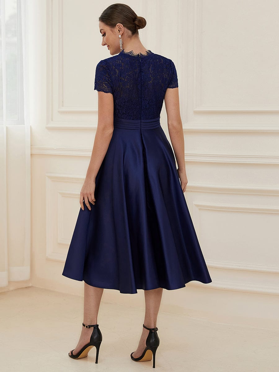 Romantic V-neck Lace Bodice A-line Cocktail Dress #color_Navy Blue